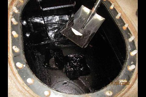 Evidence of fuel solidifying in an unheated tank (Image courtesy of LR FOBAS)